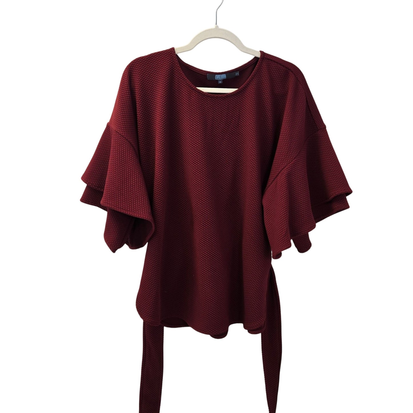 Anthropologie Eva Franco Burgundy Ruffle-Sleeve Tie-Waist Top Size Medium