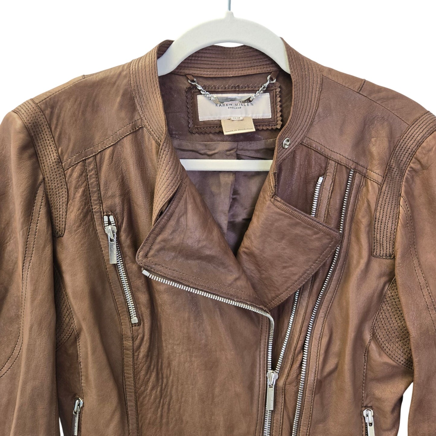 Karen Millen 100% Leather Asymmetrical Zip Moto Jacket Size 6