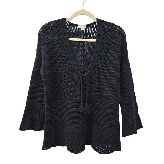 J. Jill 100% Cotton Crochet Lace Up Tassel Tie Sweater Size Medium