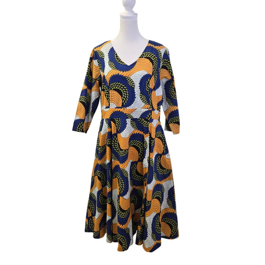 ASHRO 100% Cotton Ankara Print Midi Fit & Flare Dress Size 8