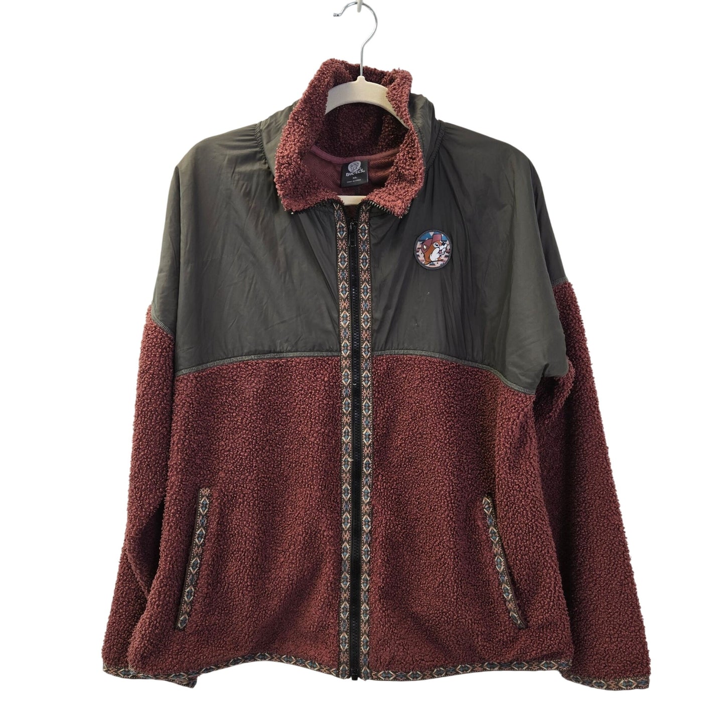 Buc-ee's Aztec Tribal Burgundy Berber Fleece Full Zip Jacket Size XL