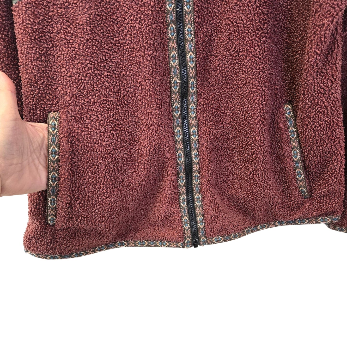 Buc-ee's Aztec Tribal Burgundy Berber Fleece Full Zip Jacket Size XL