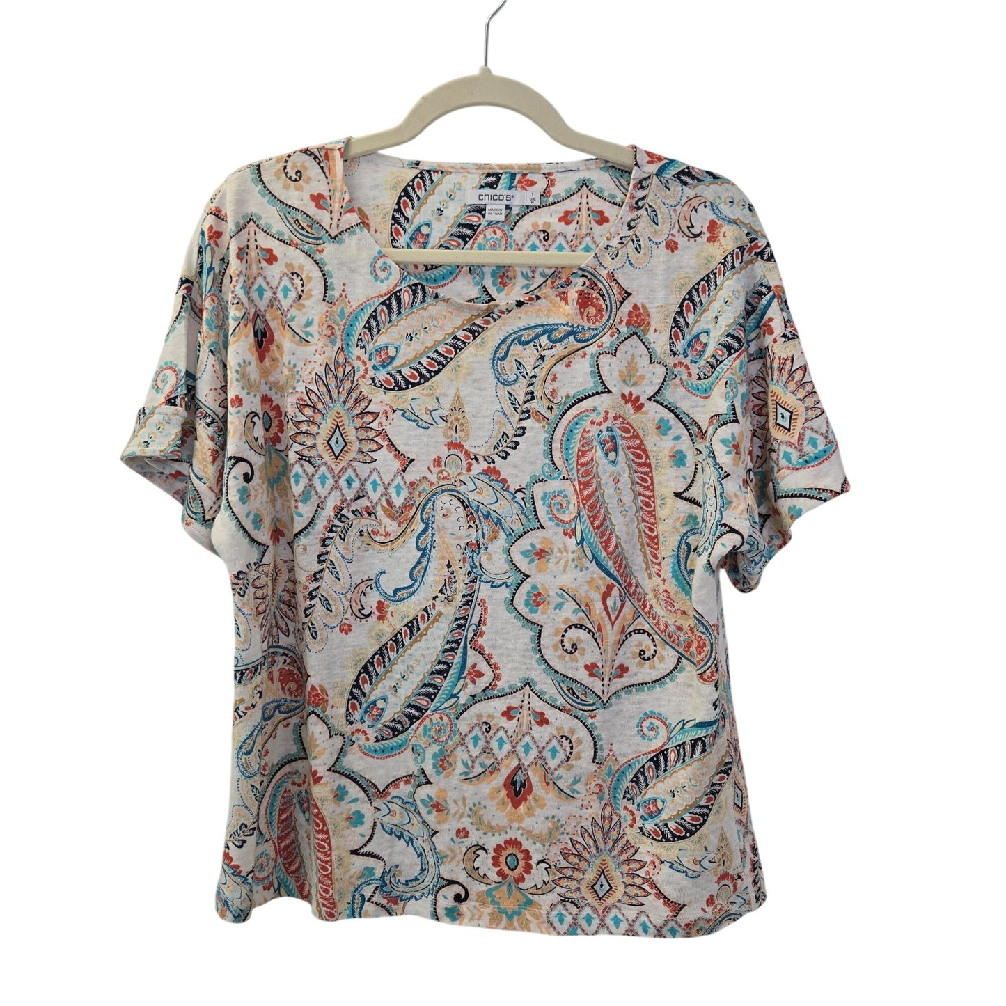 Chico's 100% Linen Paisley Print Short Sleeve Top Size Chico's 1/Medium