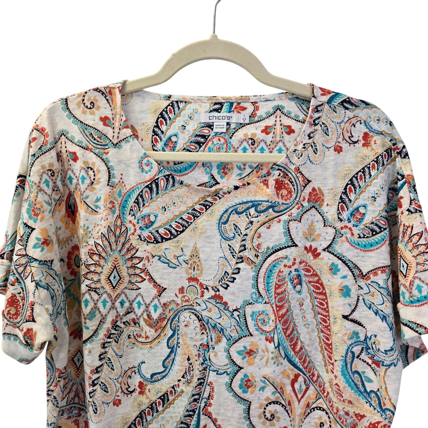 Chico's 100% Linen Paisley Print Short Sleeve Top Size Chico's 1/Medium