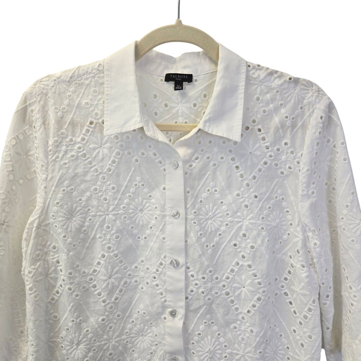 Talbots Petites Eyelet Button Down 3/4 Sleeve Shirt Size Large Petite