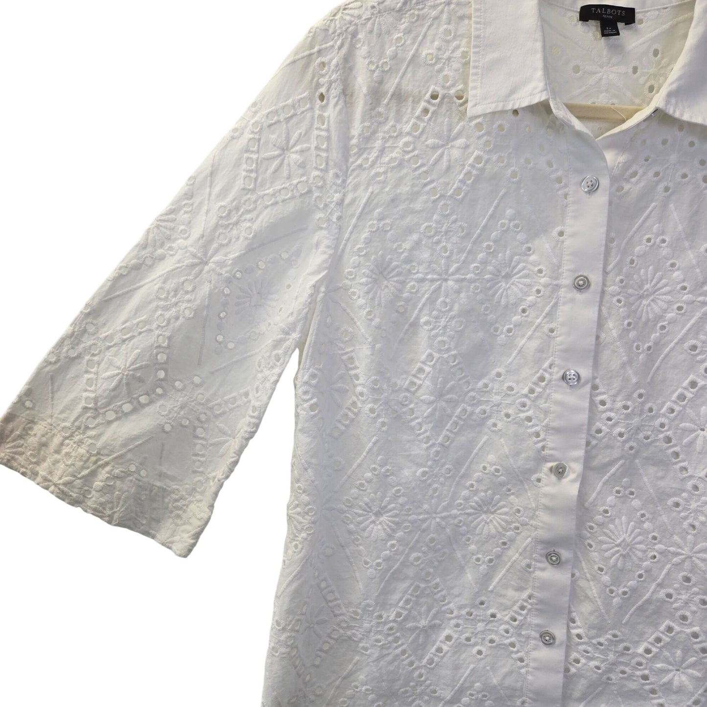 Talbots Petites Eyelet Button Down 3/4 Sleeve Shirt Size Large Petite
