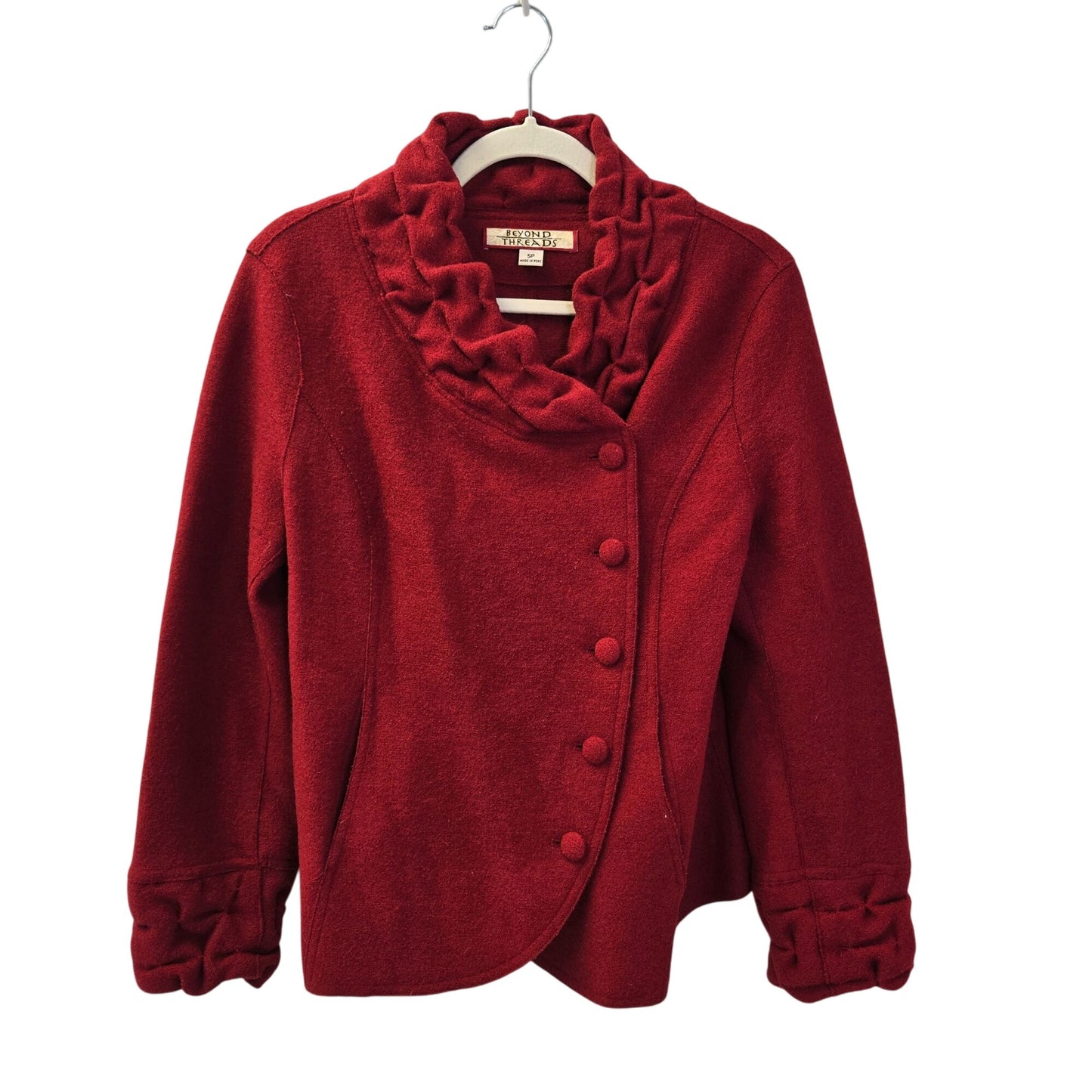 Beyond Threads Alpaca & Wool Blend Ruffle Trim Asymmetrical Button Jacket Size S Petite