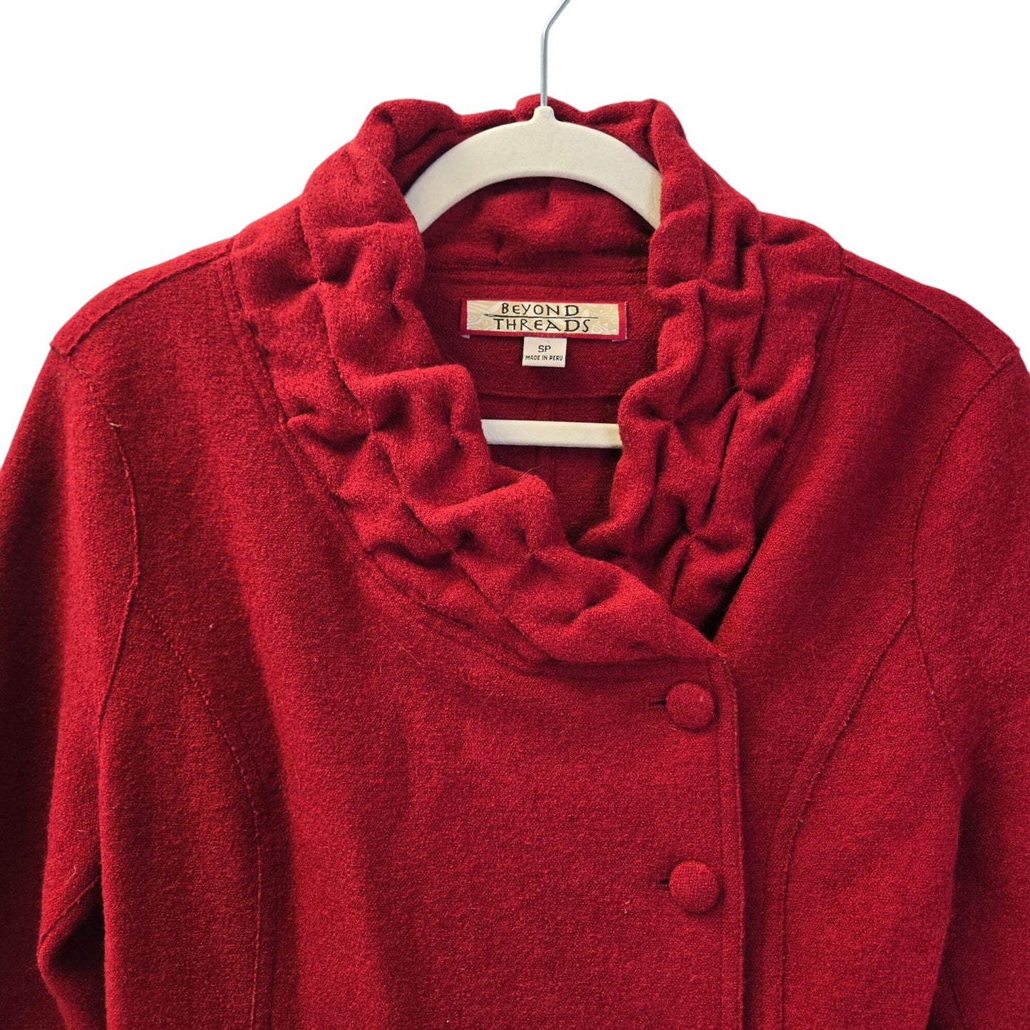 Beyond Threads Alpaca & Wool Blend Ruffle Trim Asymmetrical Button Jacket Size S Petite