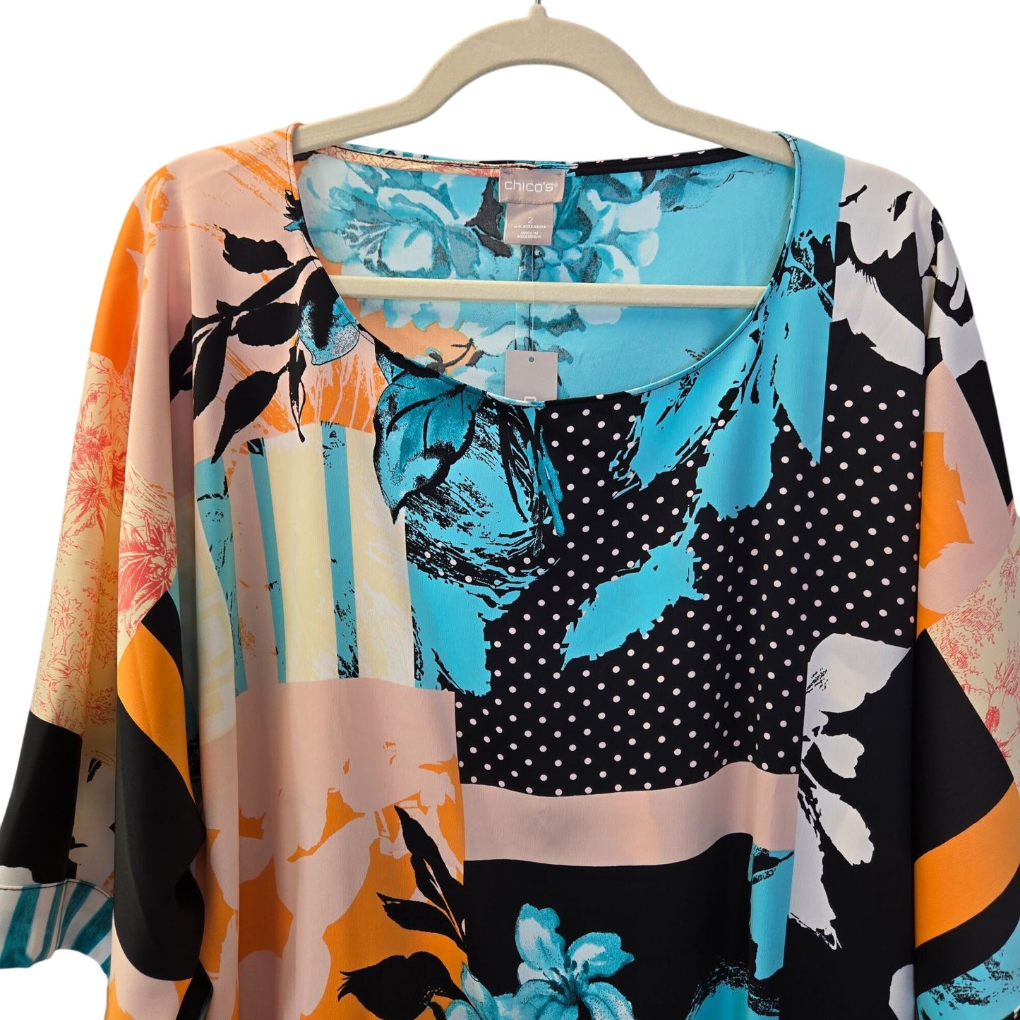 NWT Chico's Mixed Print Dolman Sleeve Tie Waist Blouse Size Chico's 2/Large