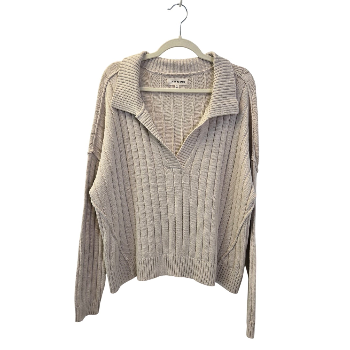 Lucky Brand Cotton Blend Collared V-Neck Slightly Cropped Sweater Size XL