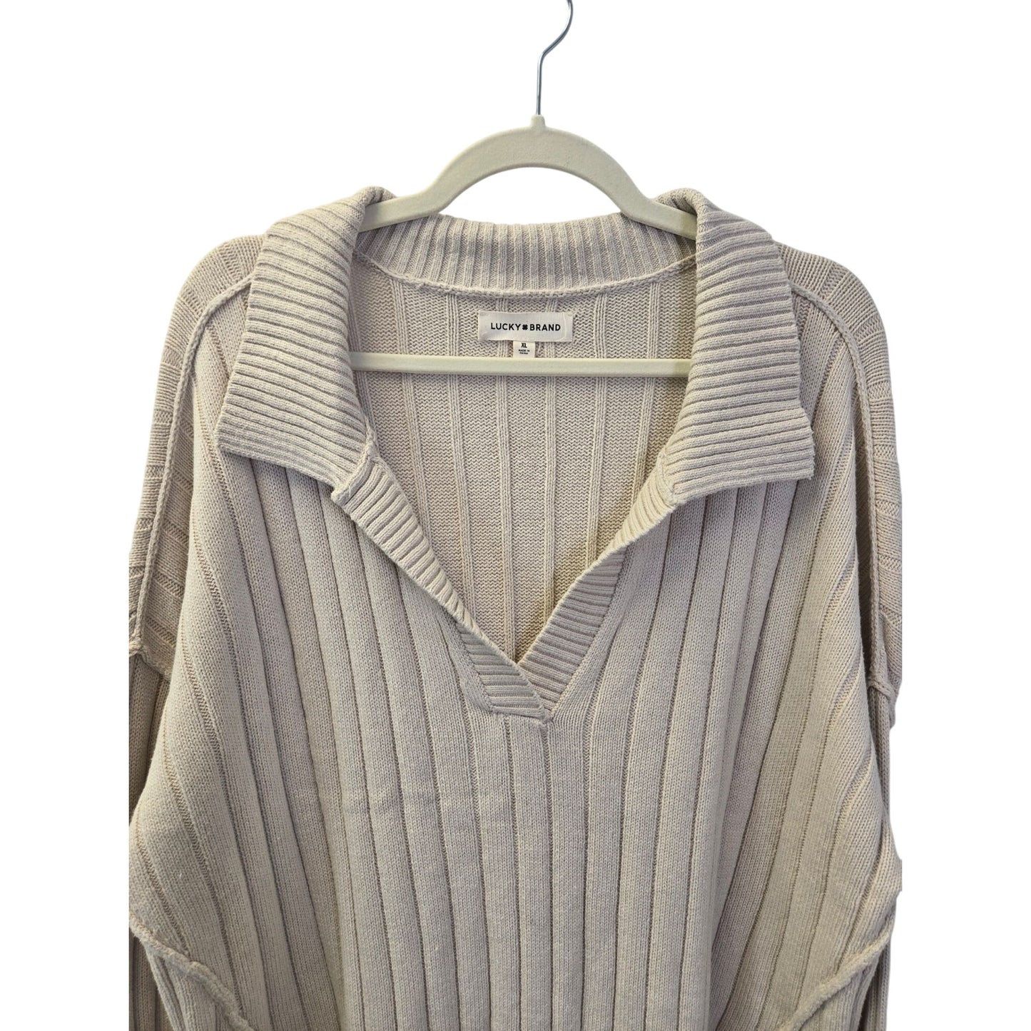 Lucky Brand Cotton Blend Collared V-Neck Slightly Cropped Sweater Size XL