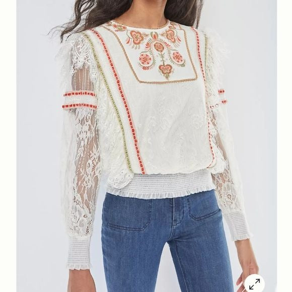 Anthropologie Bl-nk Tali Embroidered Lace Top Size Medium