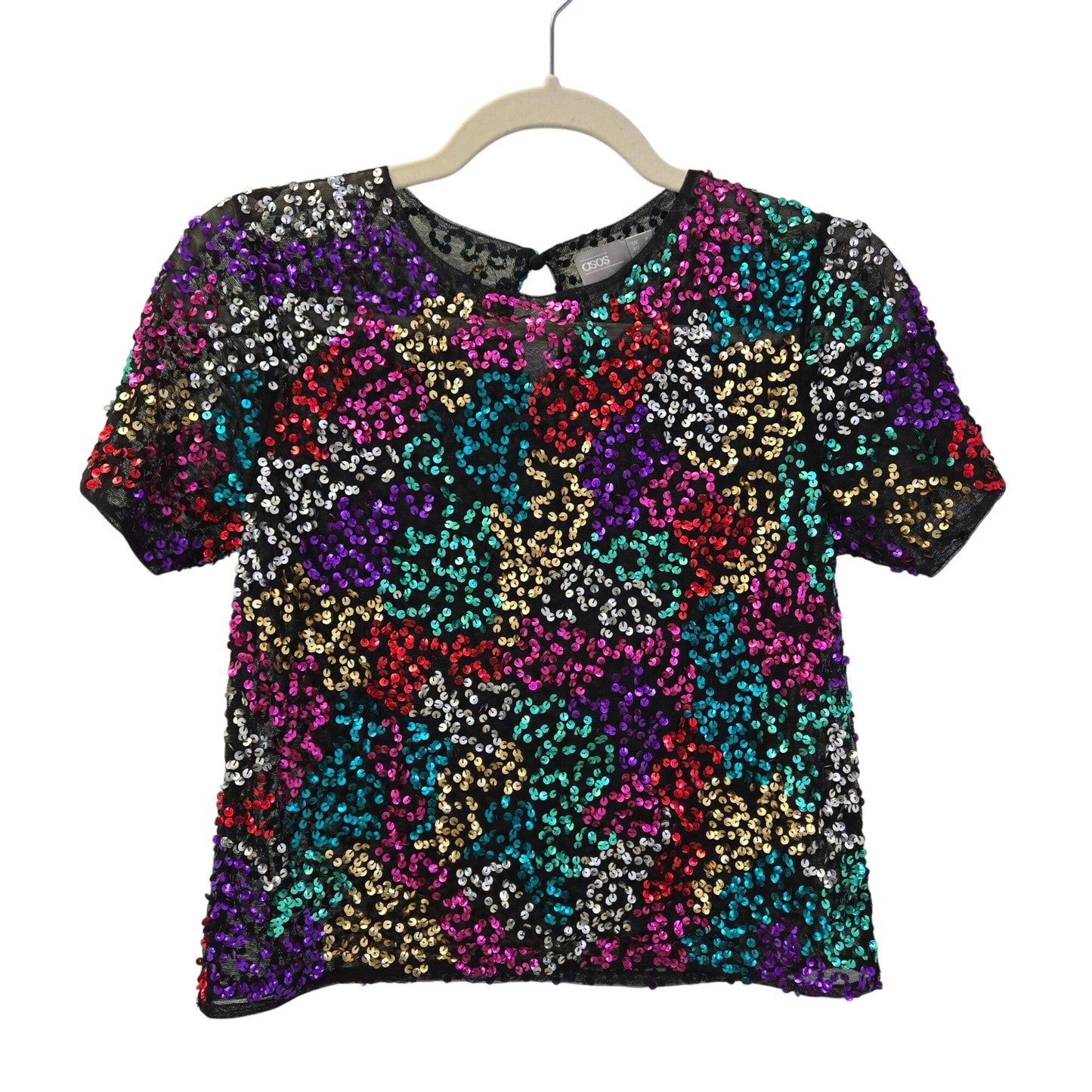 ASOS Mulit-Color Sequin Mesh Short Sleeve Crop Top Size 4