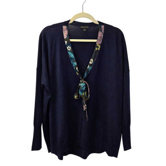 J. Crew x Abigail Borg 100% Merino Wool Floral Tie Accent V-Neck Sweater Size XL