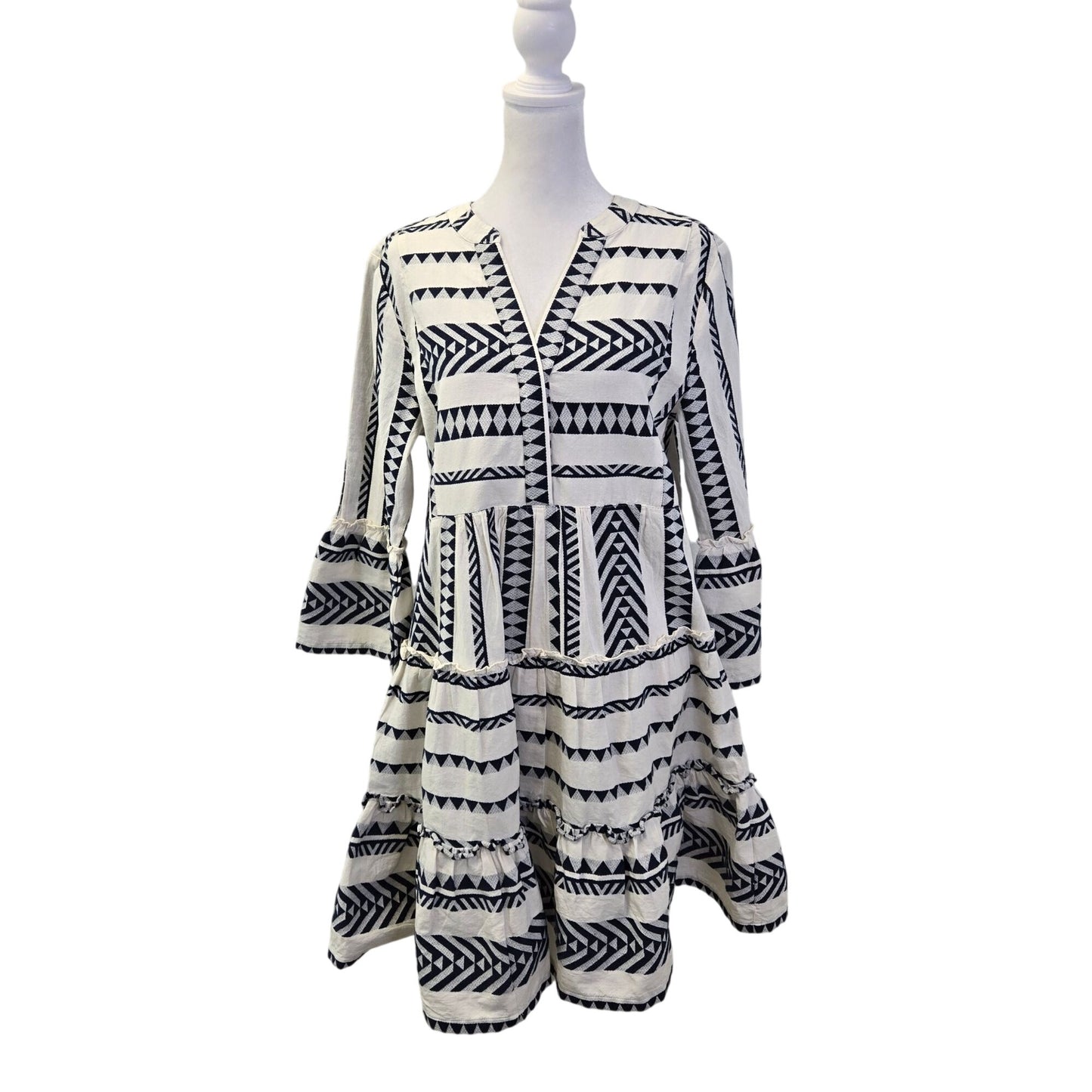 Lands' End Cotton Blend Geometric Print Tiered Bell Sleeve Dress Size Small