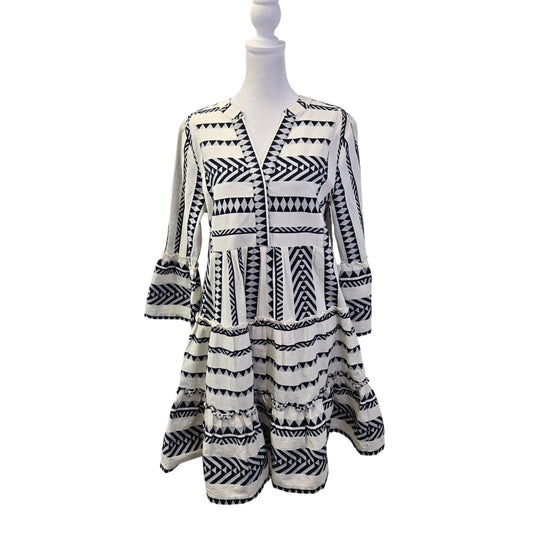 Lands' End Cotton Blend Geometric Print Tiered Bell Sleeve Dress Size Small