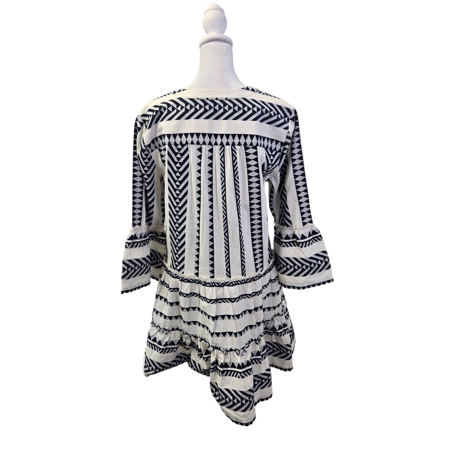 Lands' End Cotton Blend Geometric Print Tiered Bell Sleeve Dress Size Small