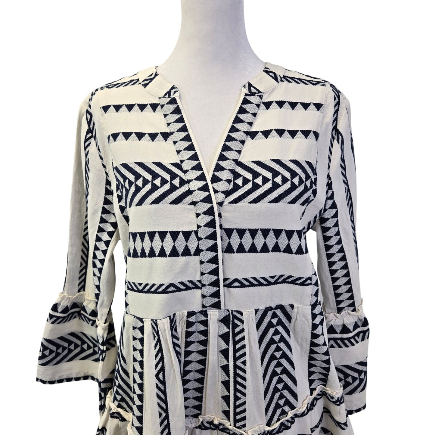 Lands' End Cotton Blend Geometric Print Tiered Bell Sleeve Dress Size Small