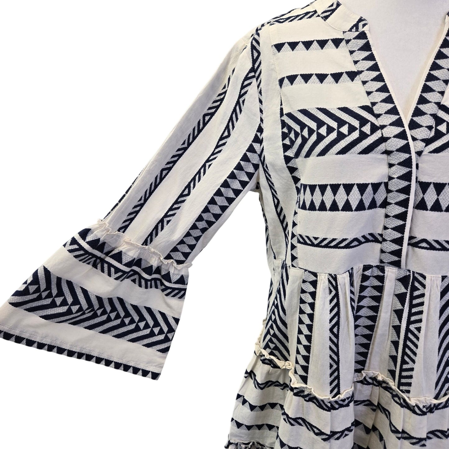 Lands' End Cotton Blend Geometric Print Tiered Bell Sleeve Dress Size Small