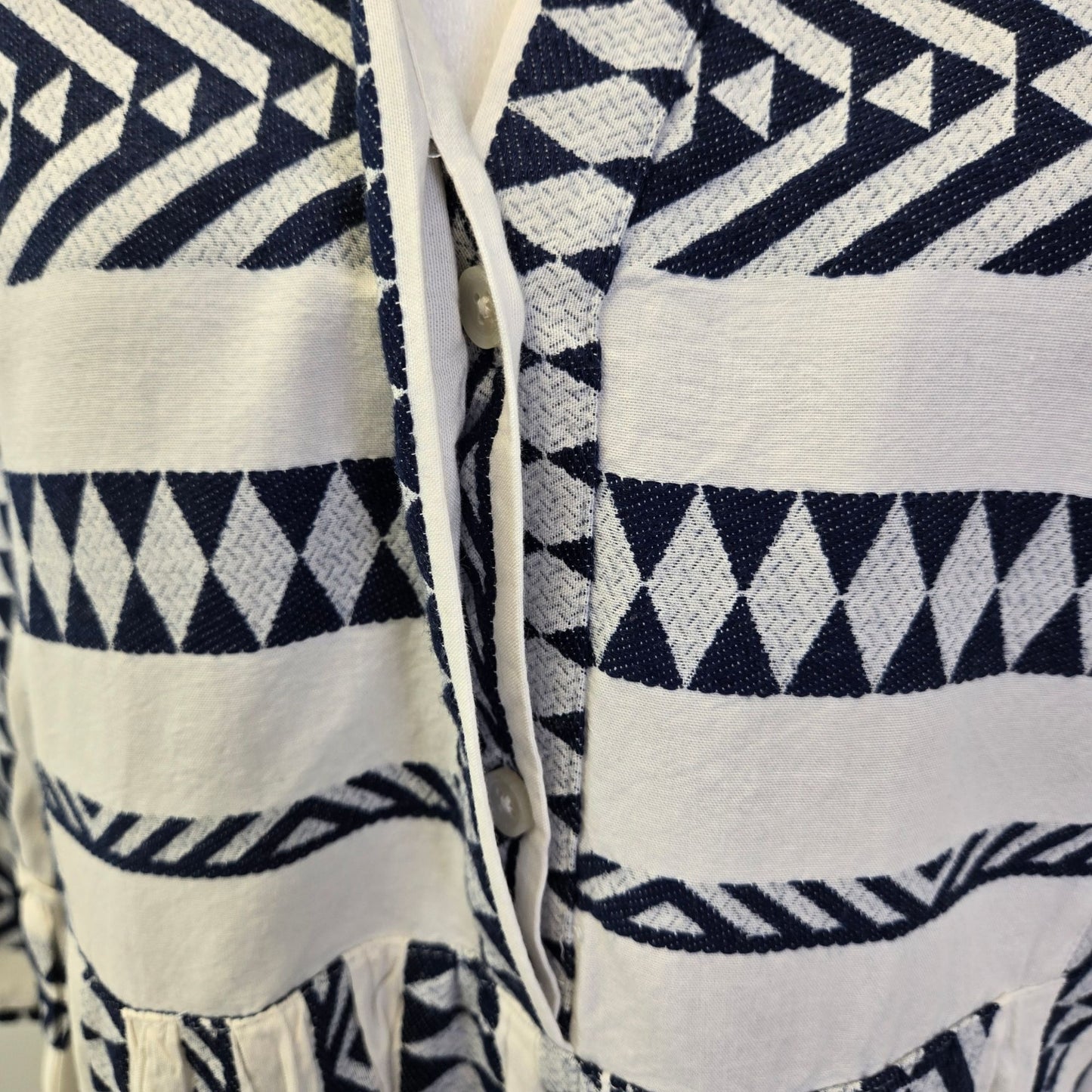 Lands' End Cotton Blend Geometric Print Tiered Bell Sleeve Dress Size Small