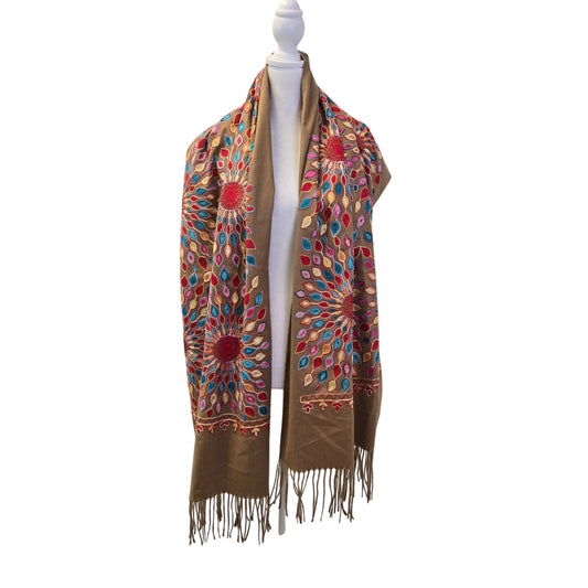 Unbranded Mandala Sunflower Embroidered Print Fringe Trim Shawl Scarf