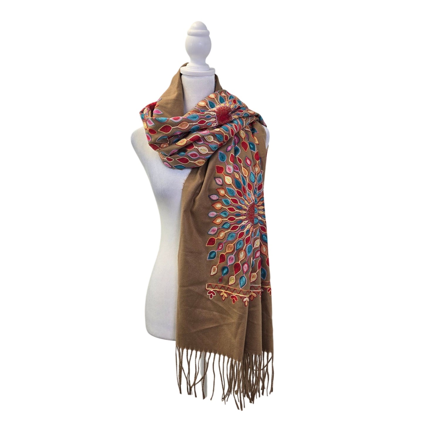 Unbranded Mandala Sunflower Embroidered Print Fringe Trim Shawl Scarf