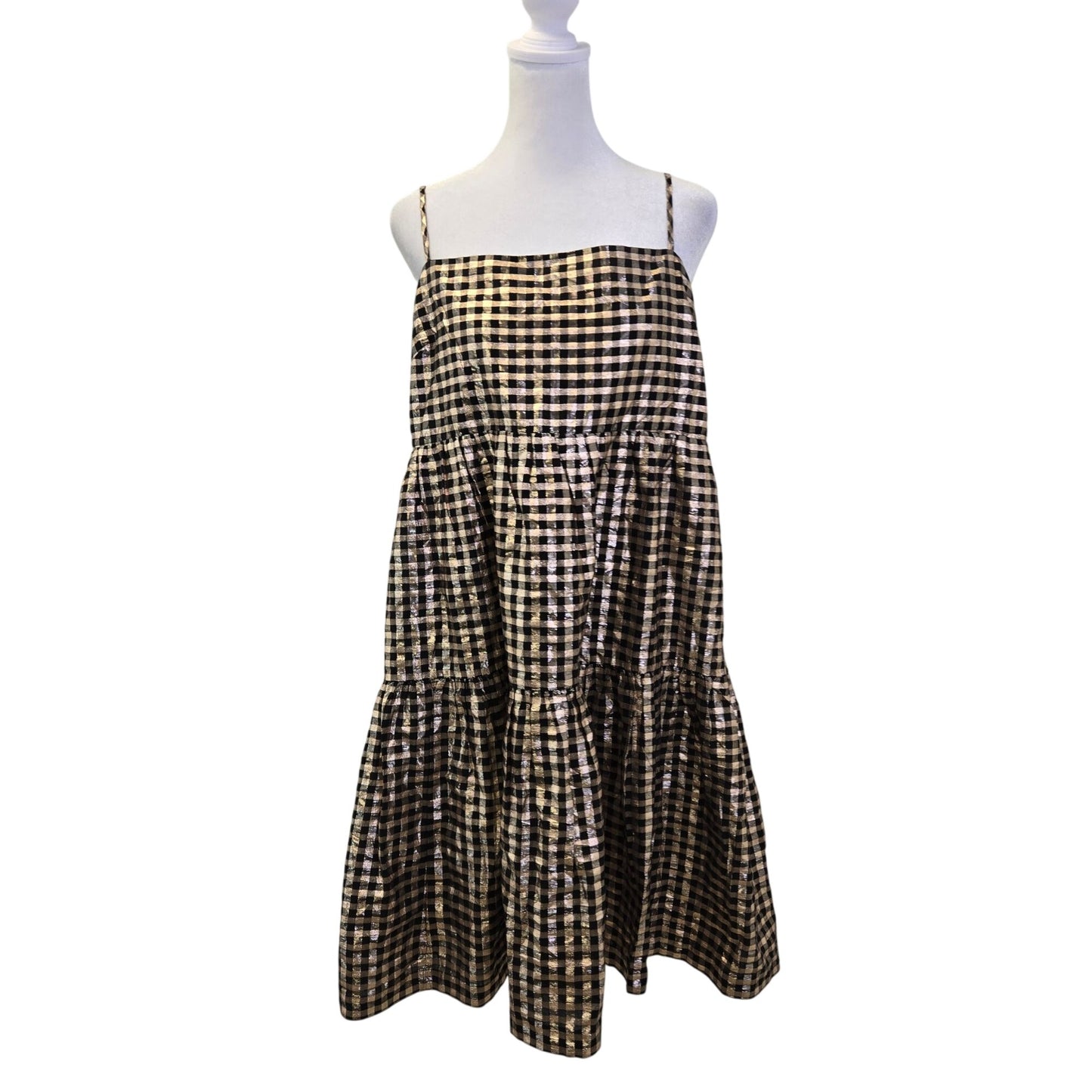 NWOT J. Crew Factory Lurex Gold Metallic Gingham Tired Mini Dress Size 14