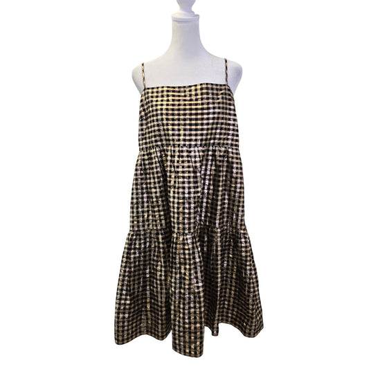 NWOT J. Crew Factory Lurex Gold Metallic Gingham Tired Mini Dress Size 14