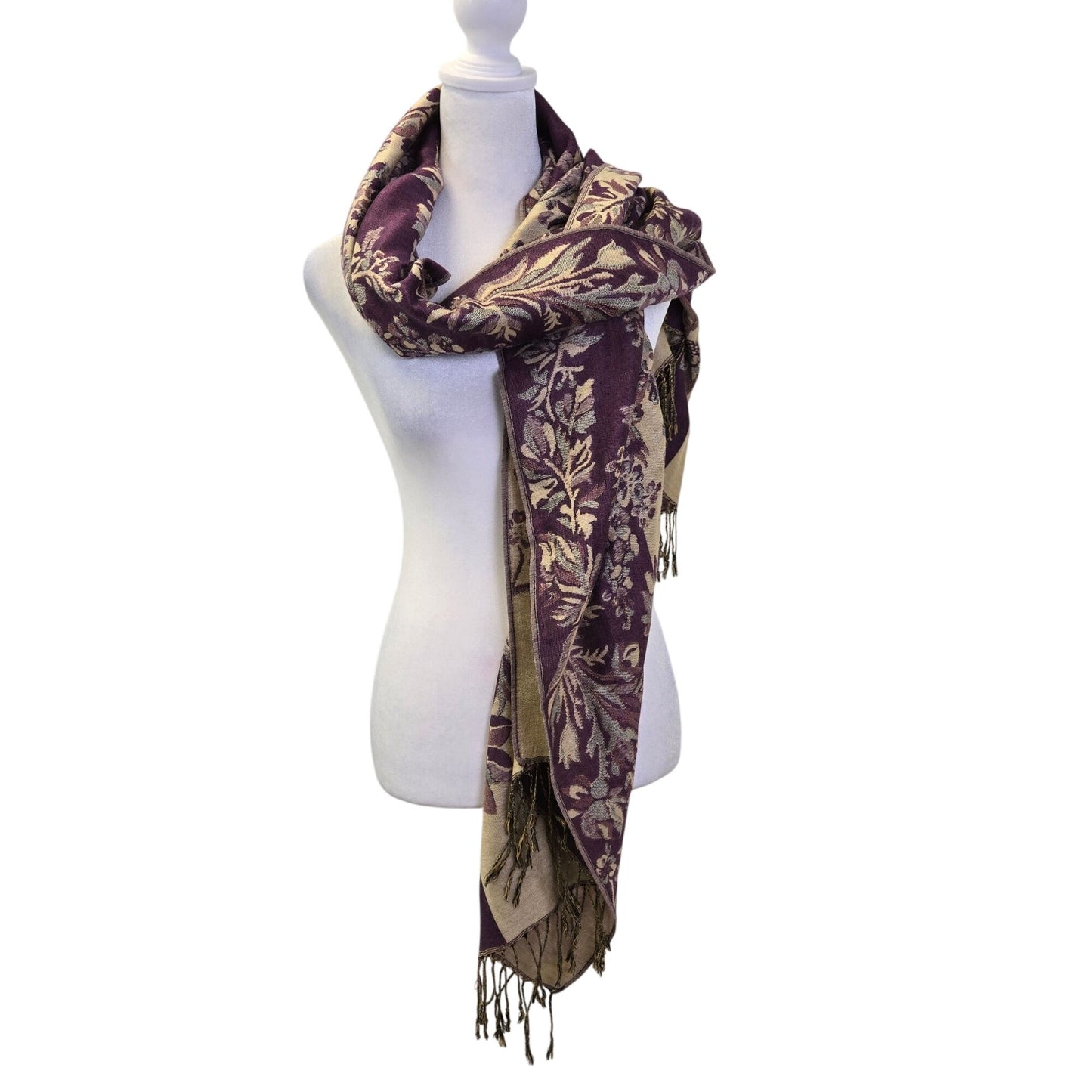 Pashmina Silk & Pashmina Blend Fringe Trim Floral Wrap Scarf