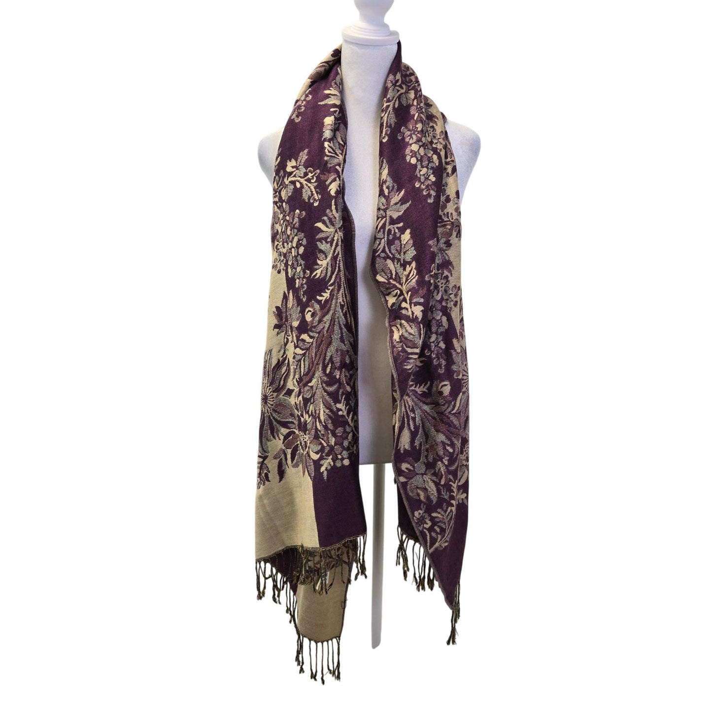 Pashmina Silk & Pashmina Blend Fringe Trim Floral Wrap Scarf