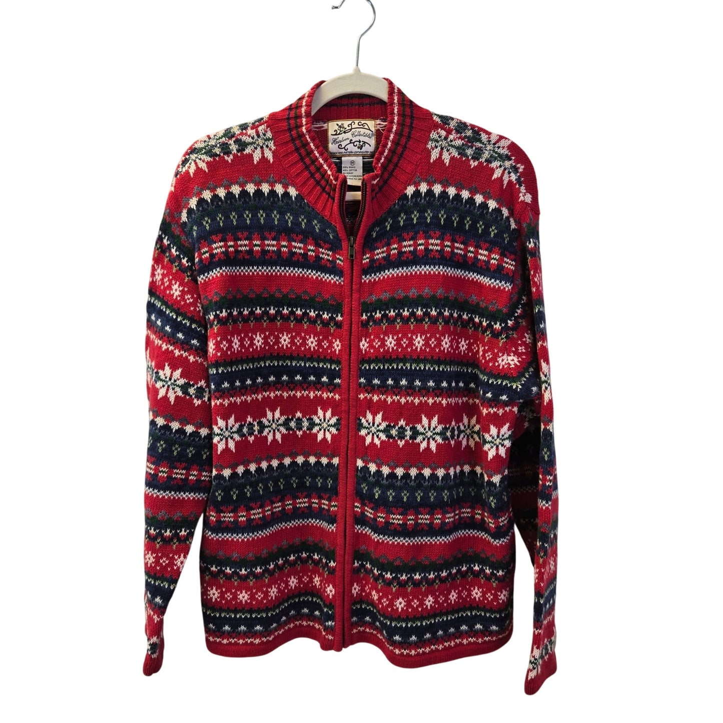 Heirloom Collectibles Fair Isle Print Full Zip Cardigan Sweater Size Medium