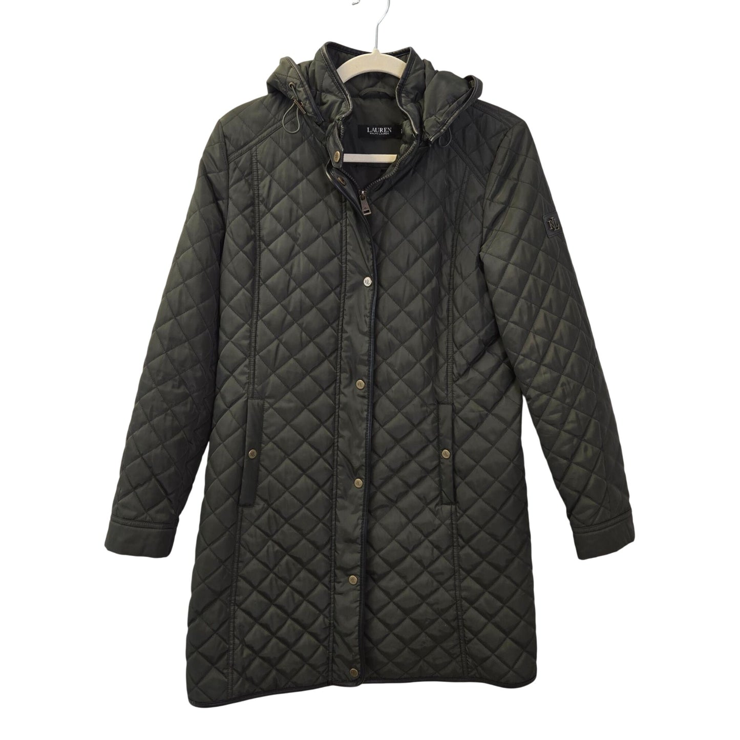 Lauren Ralph Lauren Black Label Quilted Vegan Leather Trim Hooded Coat Size Small