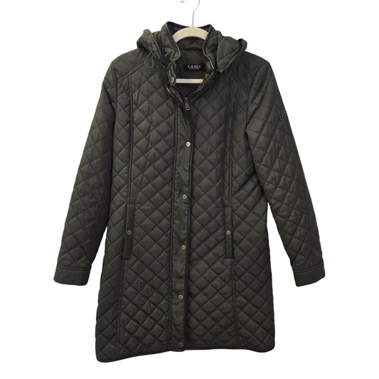 Lauren Ralph Lauren Black Label Quilted Vegan Leather Trim Hooded Coat Size Small