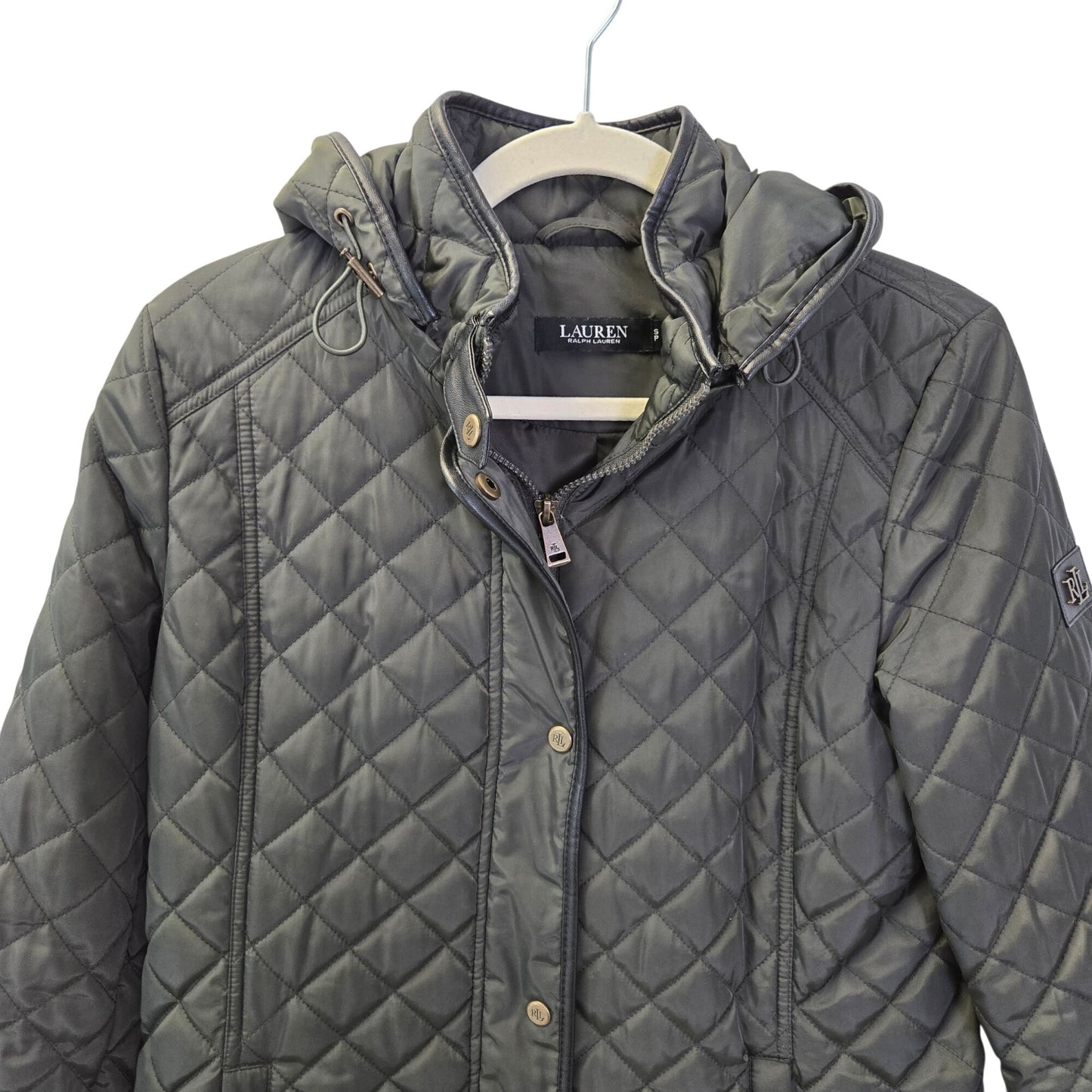 Lauren Ralph Lauren Black Label Quilted Vegan Leather Trim Hooded Coat Size Small