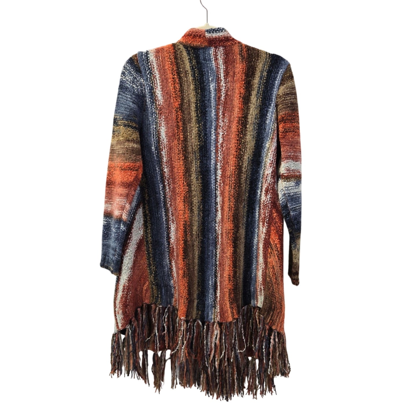 Angie Wool Blend Striped Open Longline Cardigan Fringe Sweater Size Small