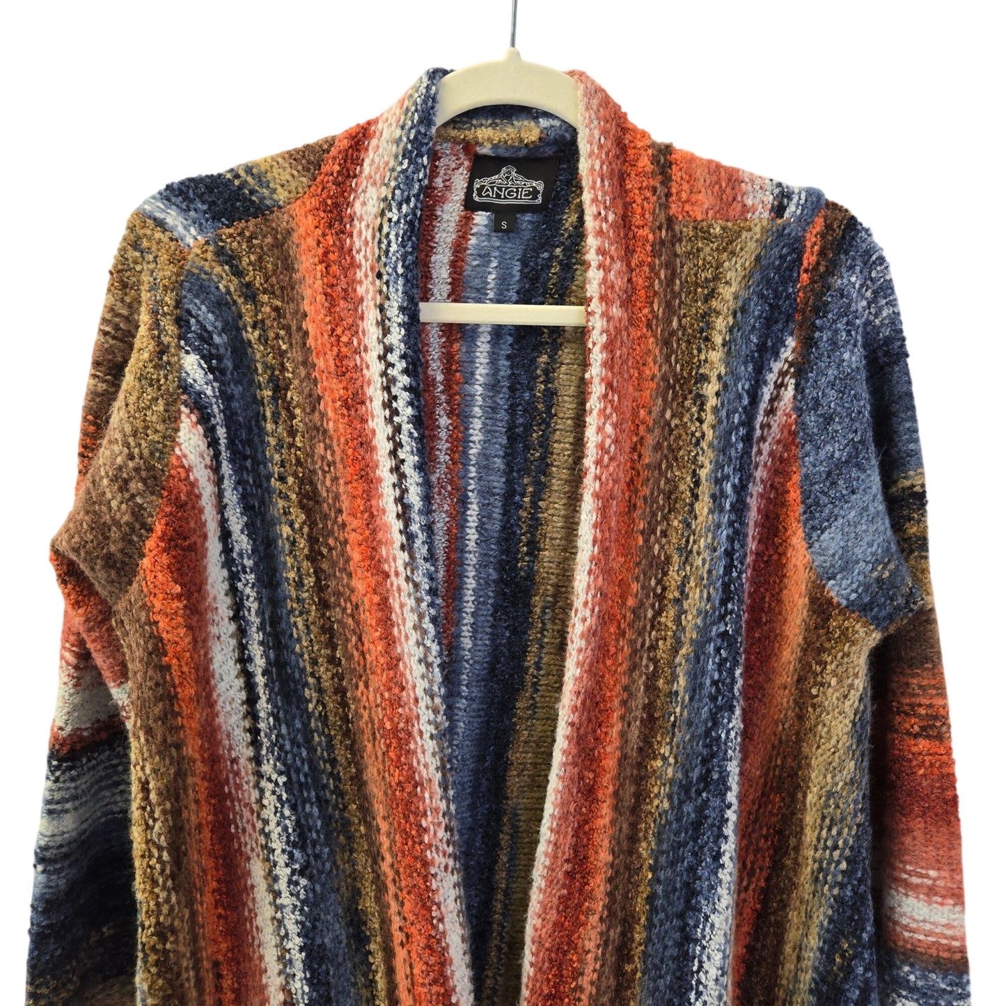 Angie Wool Blend Striped Open Longline Cardigan Fringe Sweater Size Small