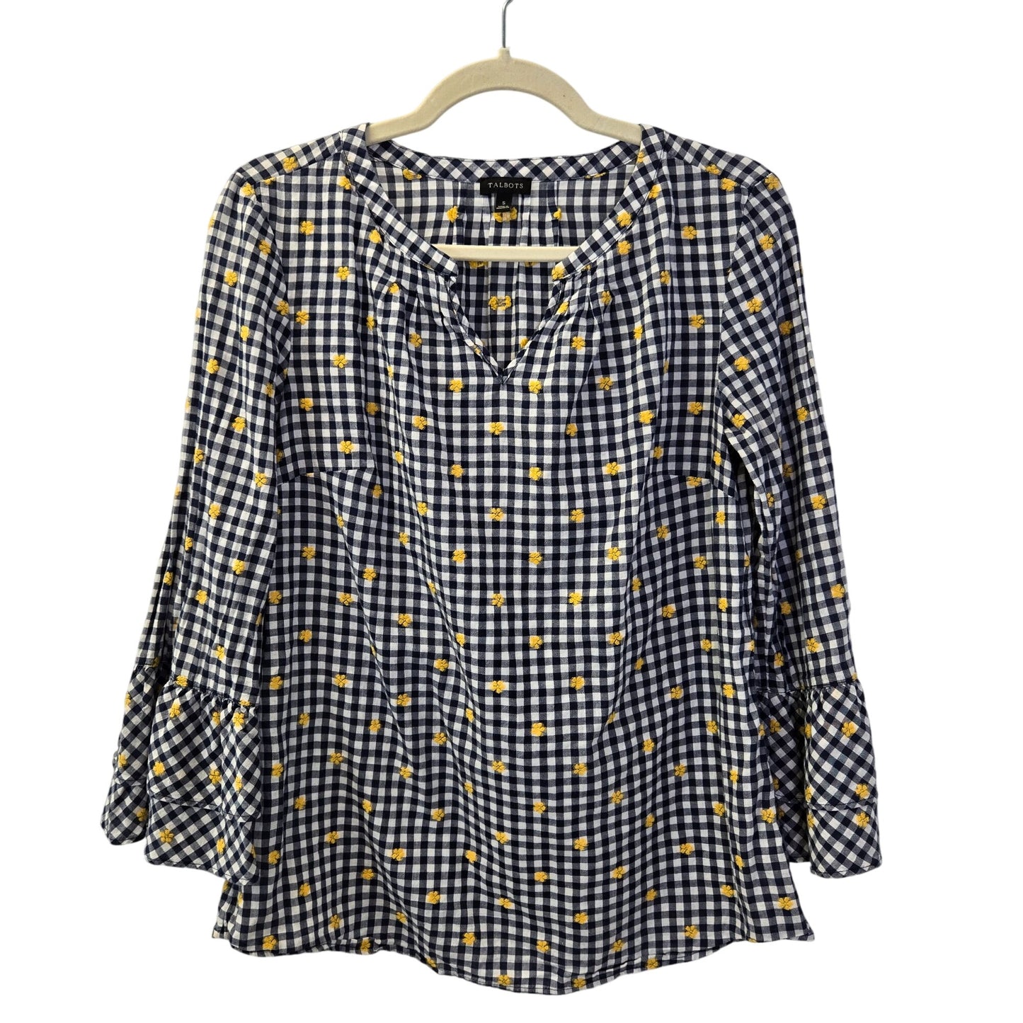 Talbots Floral Embroidered Gingham Print Bell Sleeve Popover Top Size Small