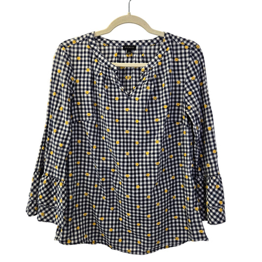 Talbots Floral Embroidered Gingham Print Bell Sleeve Popover Top Size Small
