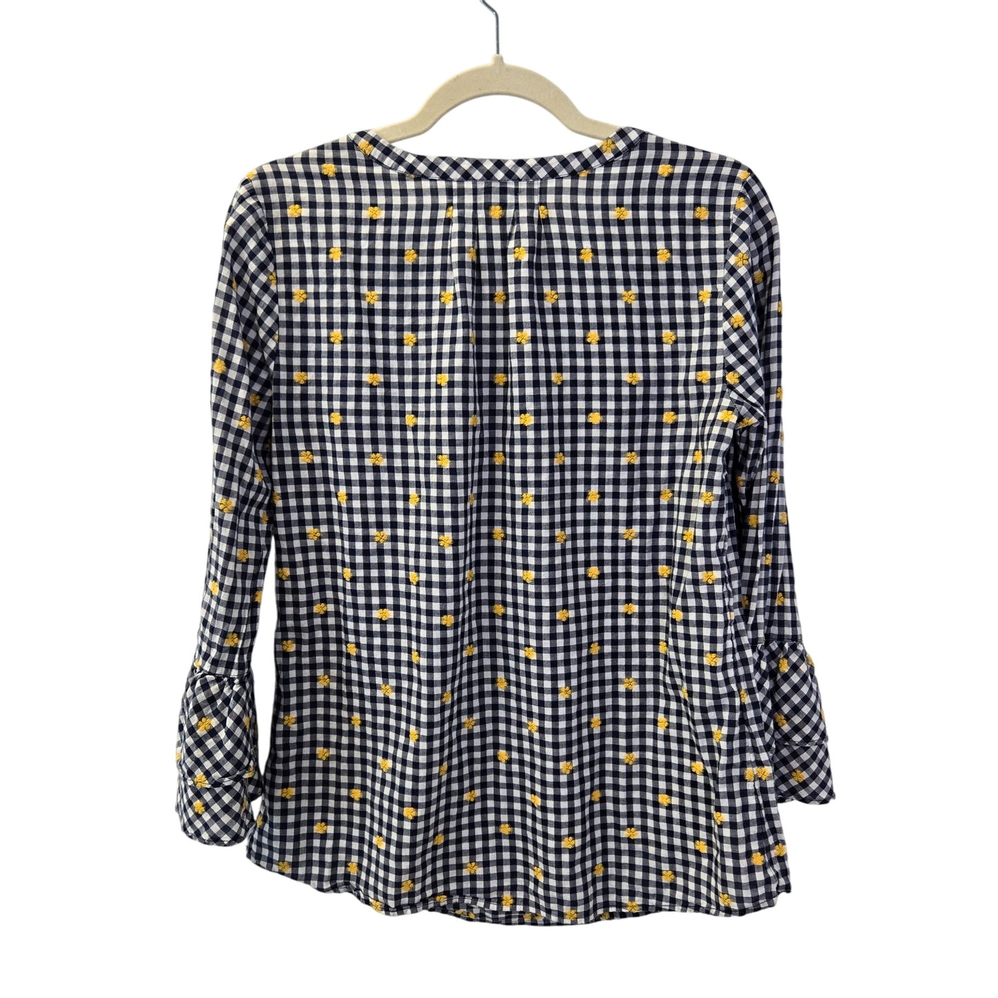 Talbots Floral Embroidered Gingham Print Bell Sleeve Popover Top Size Small