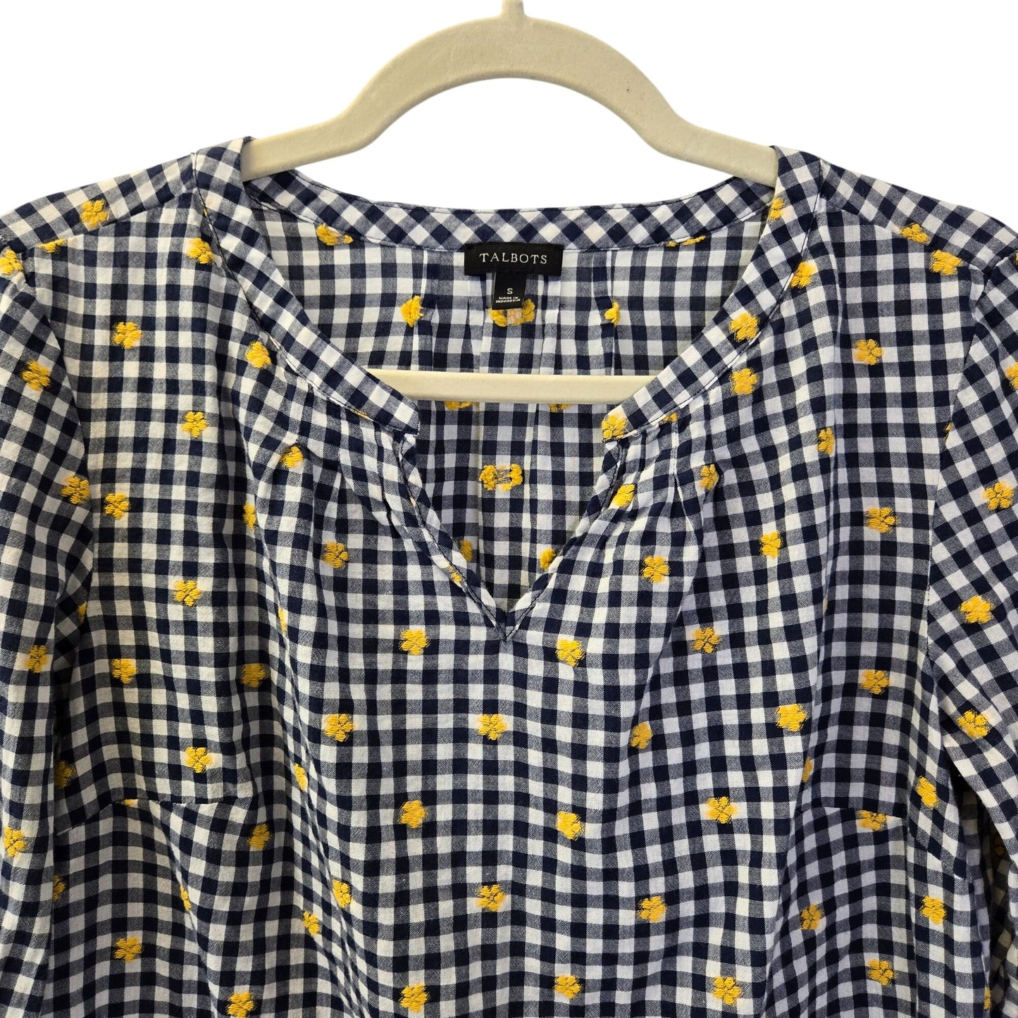Talbots Floral Embroidered Gingham Print Bell Sleeve Popover Top Size Small