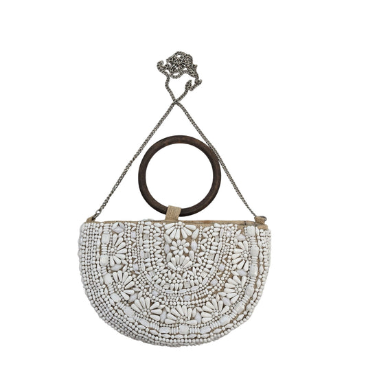 Zara Faux Mother-of-Pearl Beaded Half Moon Handbag