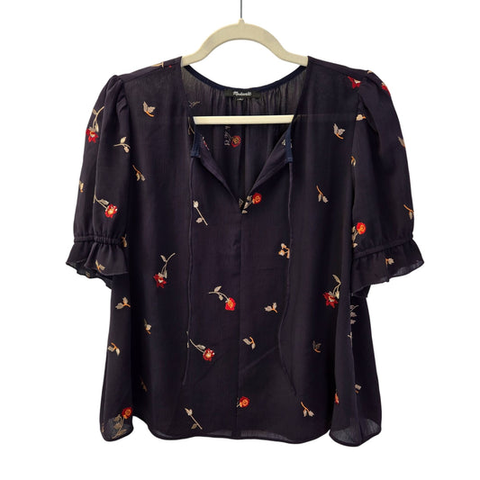 Madewell Embroidered Zephyr Ruffle-Sleeve Top in Sweet Blossoms Size Large