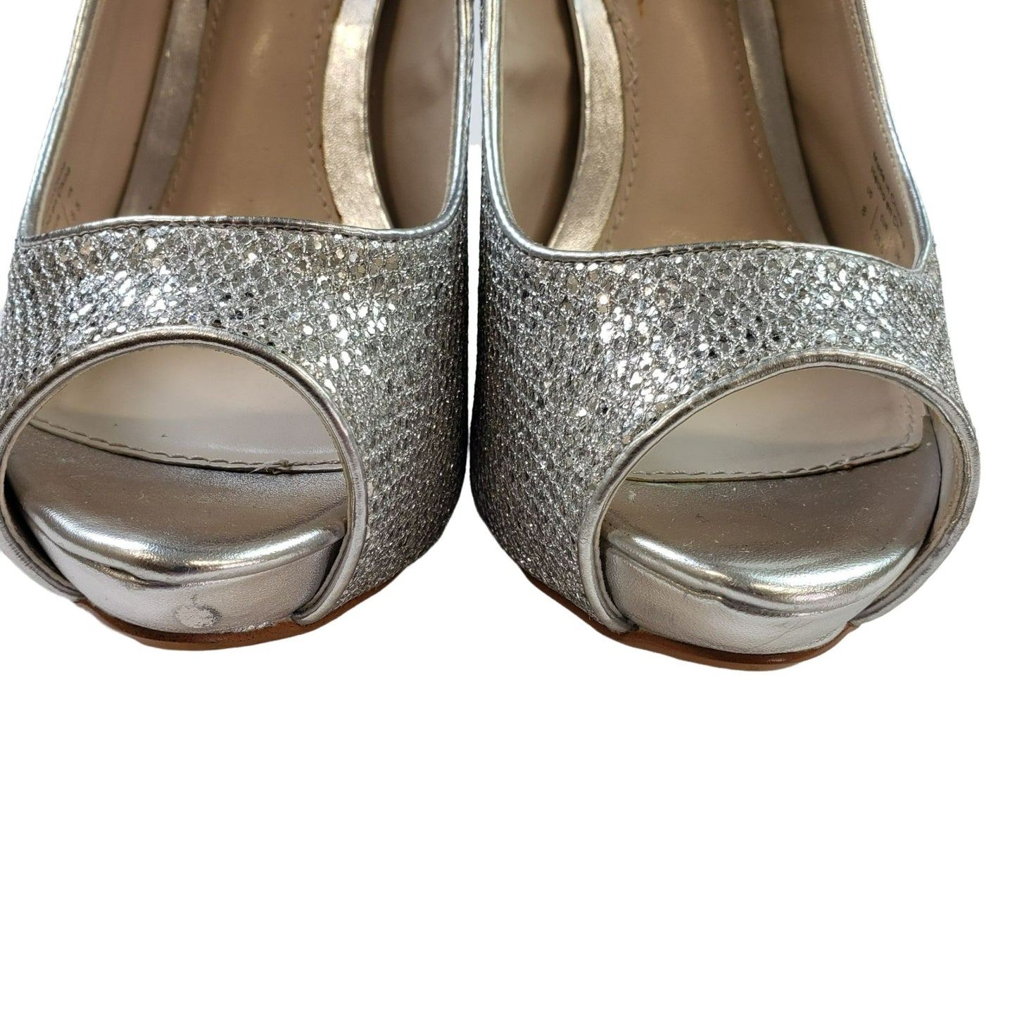 Aldo Nean Silver Peep Toe Platform Heels Size 8