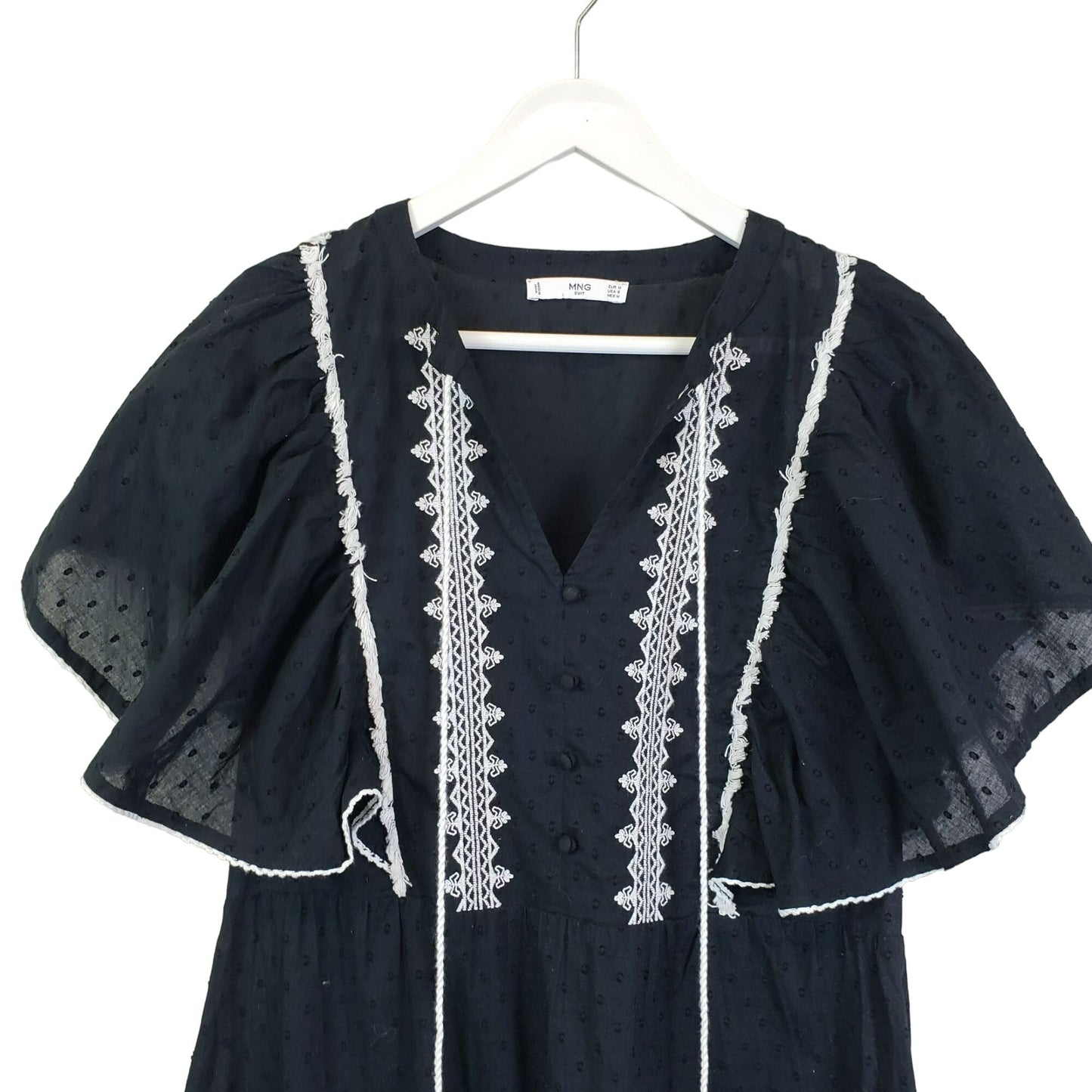 MNG Mango Swiss Dot Peasant Midi Dress with Ruffle Sleeves Size 6