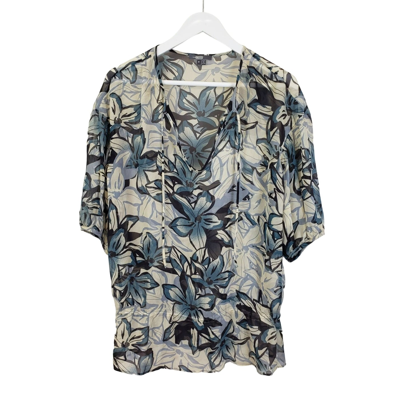 Vince 100% Silk Floral Print Sheer Popover Peplum Blouse Size S/M